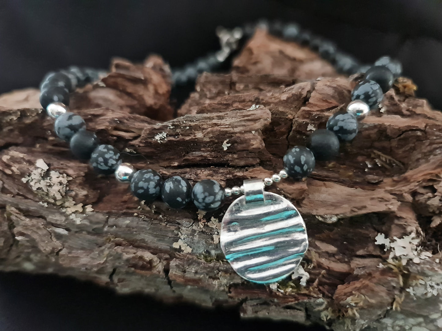 Amsbury Wood Small Pendant with Black Snowflake Obsidian Beads