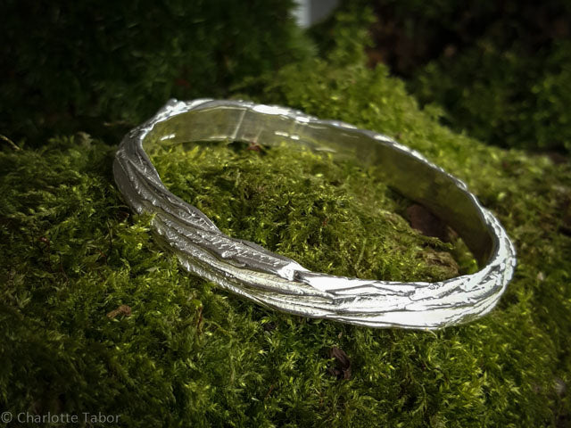 Beech wood polished silver bangle with tree bark texture