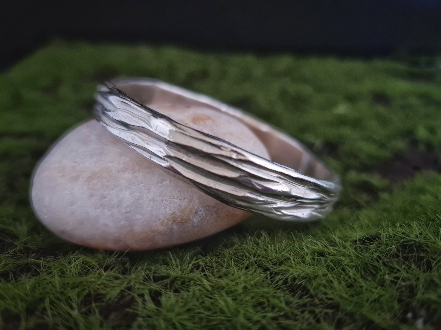 Beech wood silver chunky bangle with a tree bark texture