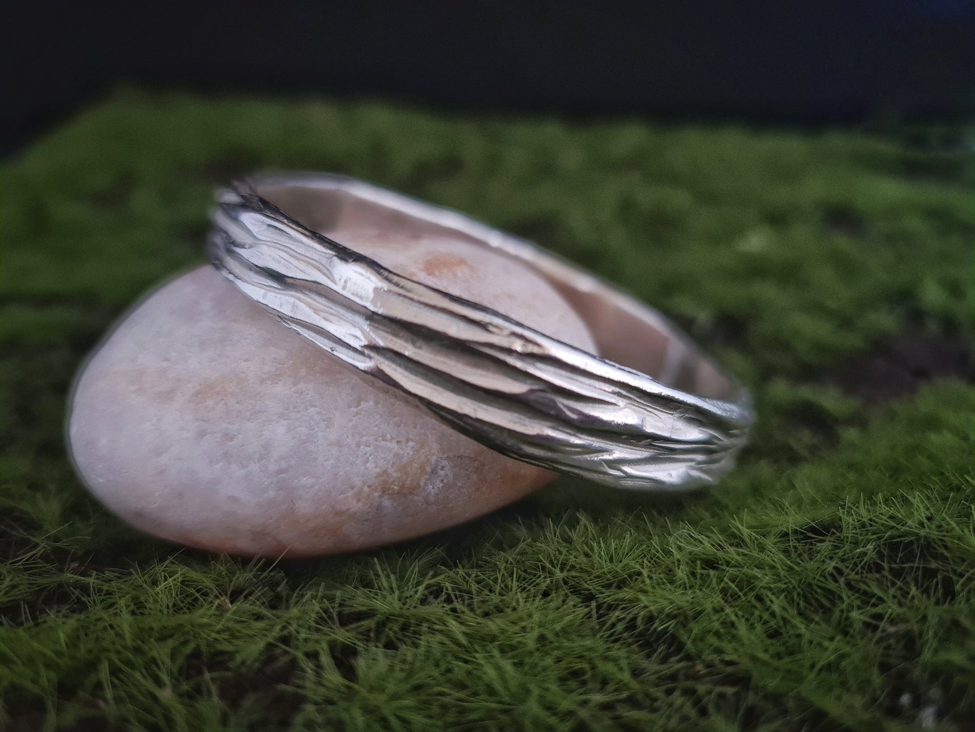 Beech wood silver chunky bangle with a tree bark texture