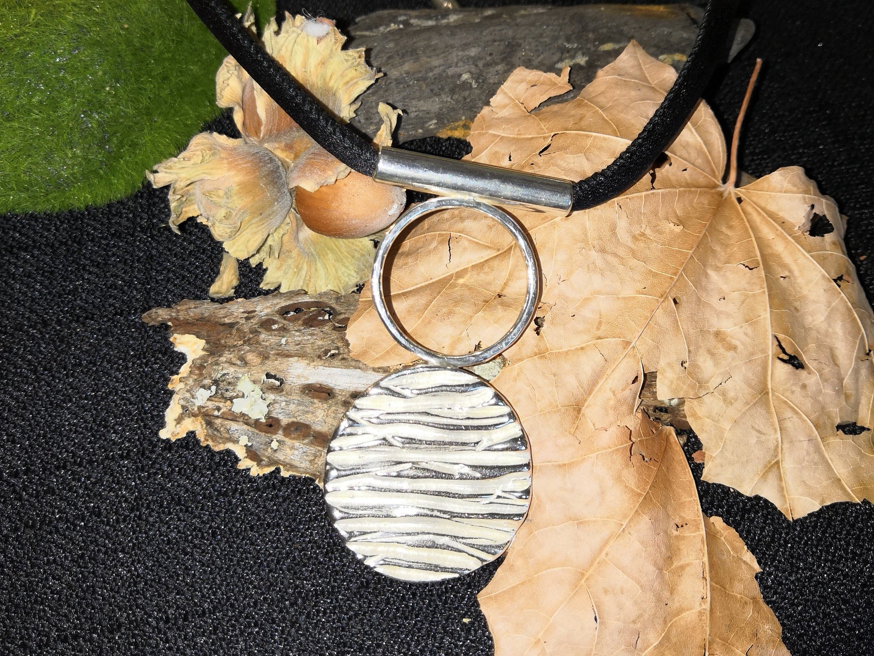 Cinderhill wood pendant necklace with black silk chain