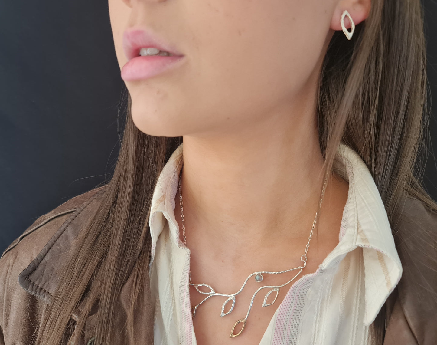 Tree Bark textured sterling silver and bronze leaf necklace with matching earrings