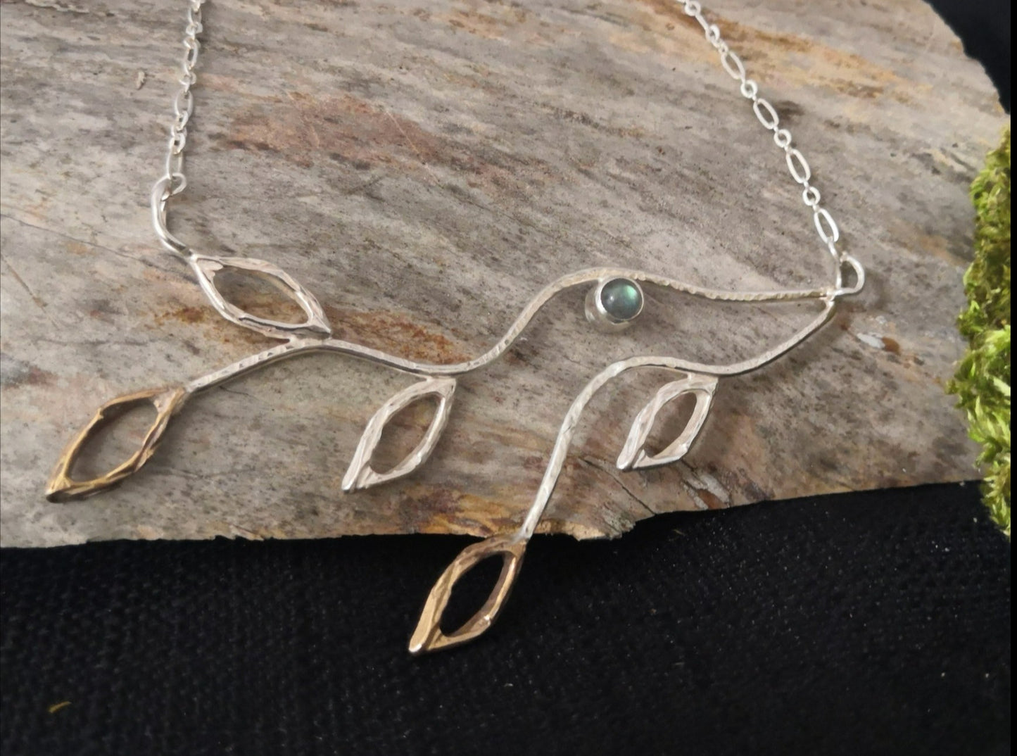 Sterling Silver and Bronze Leaf Necklace with Labradorite tube set
