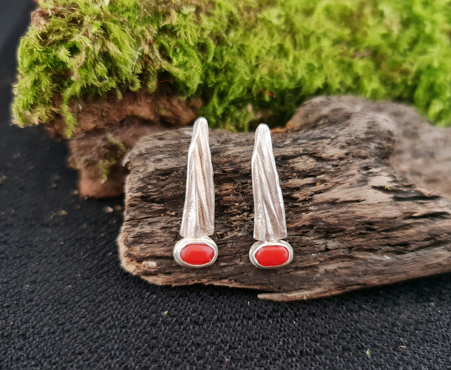 Quarrywood bark polished silver long hang earrings with coral