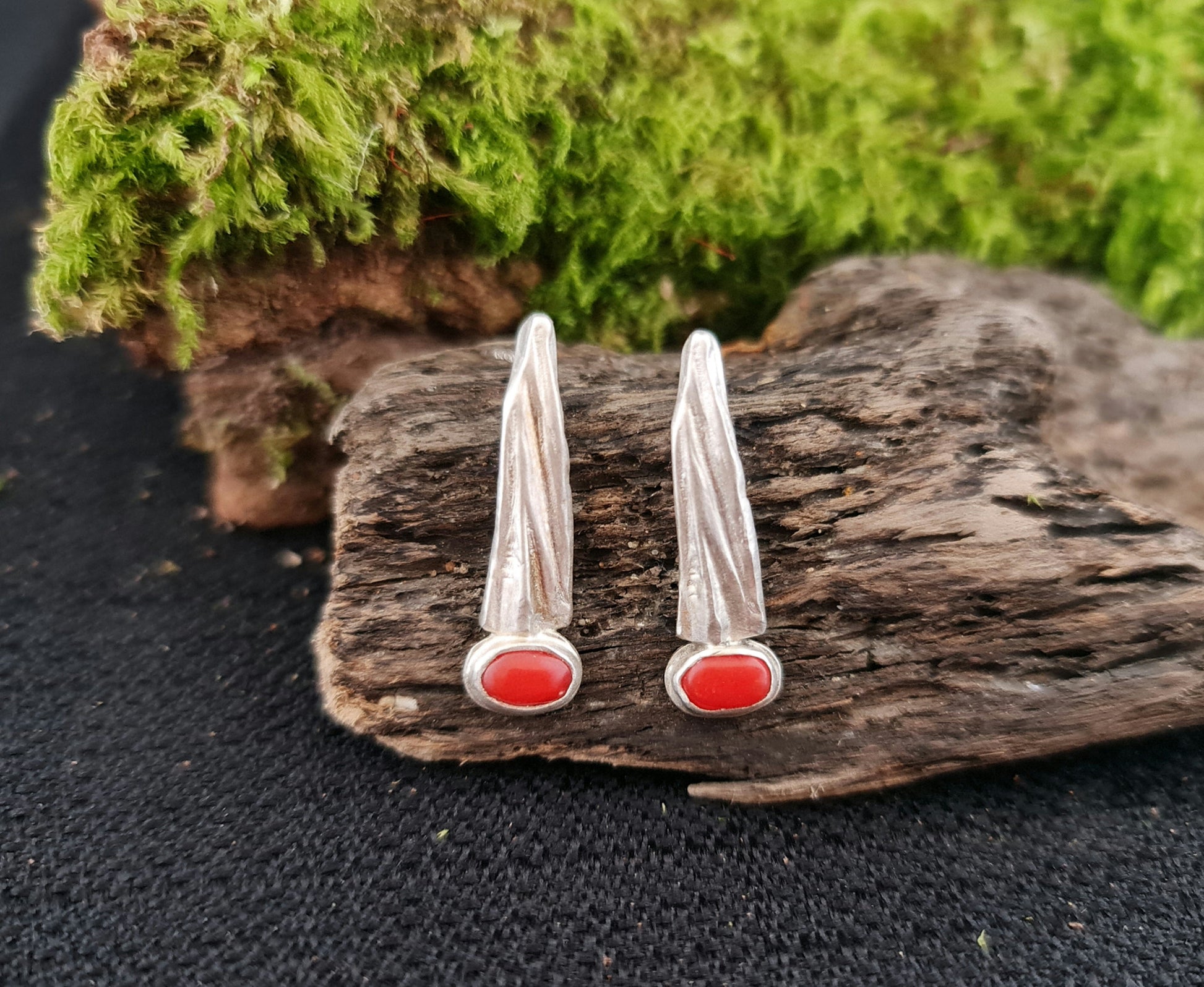 Quarrywood bark polished silver long hang earrings with coral