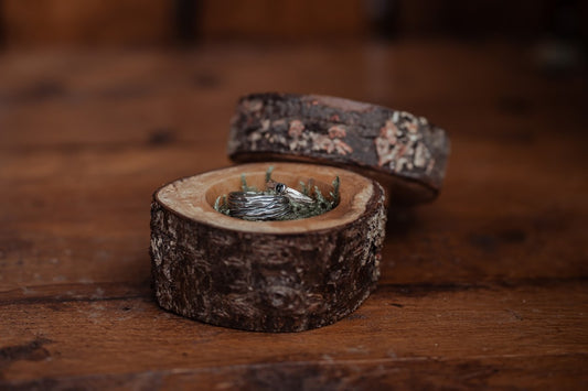 Tree Bark rings in a wooden box by Kara Jewellery by Charlotte