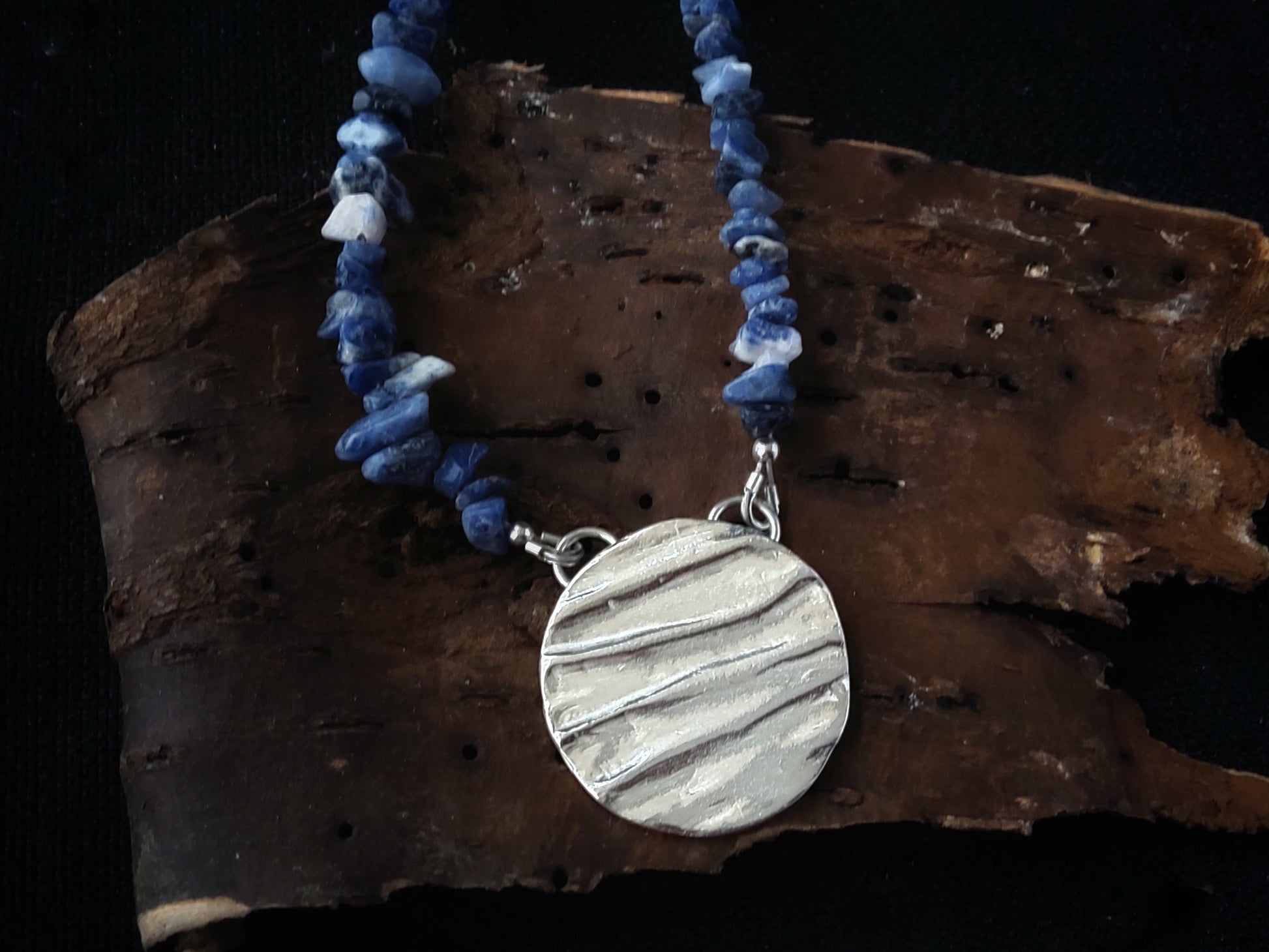 Amsbury wood silver pendant necklace with blue sodalite chain