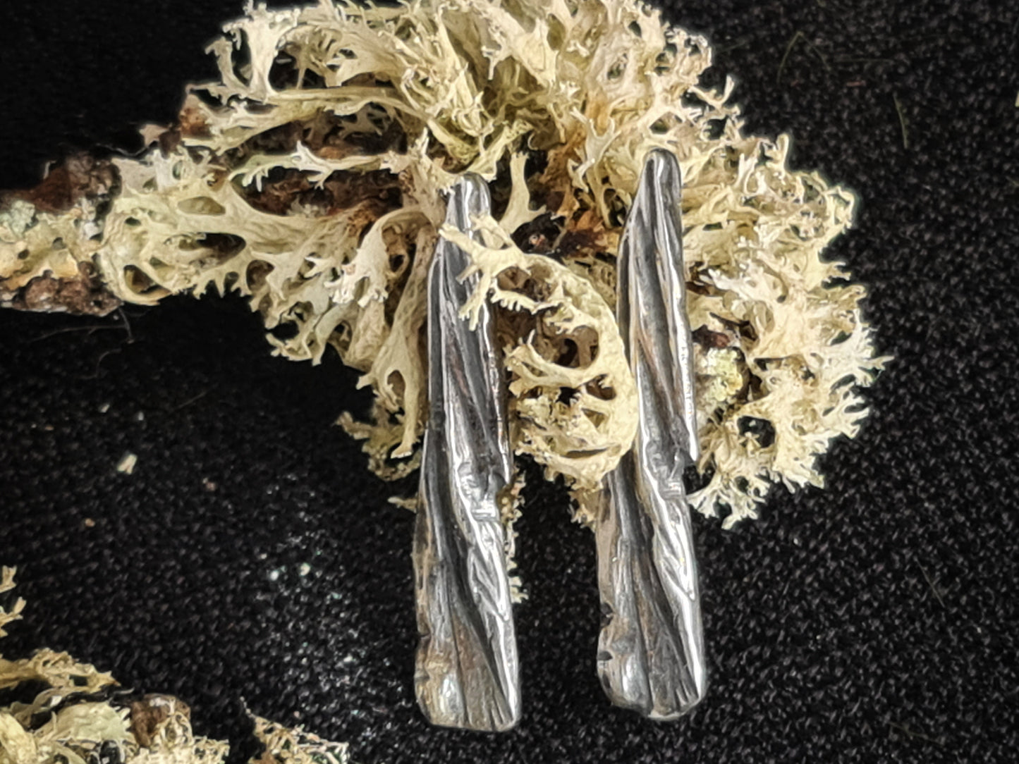 Quarrywood bark polished silver long hang earrings