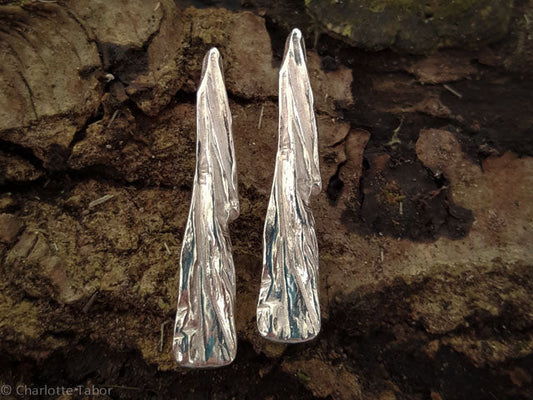 Quarrywood bark polished silver long hang earrings