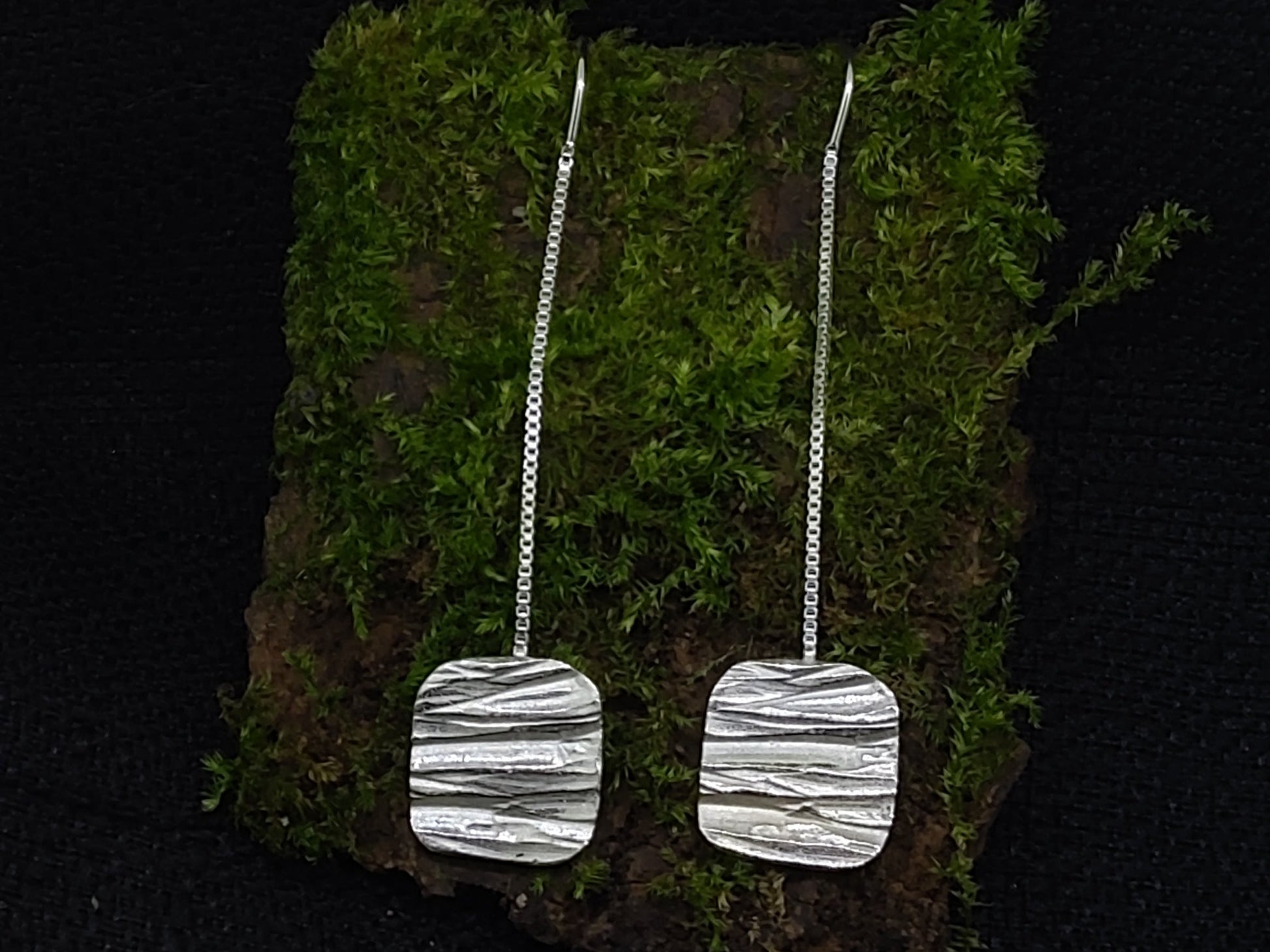 Quarrywood polished silver square long hanging earring with tree bark texture