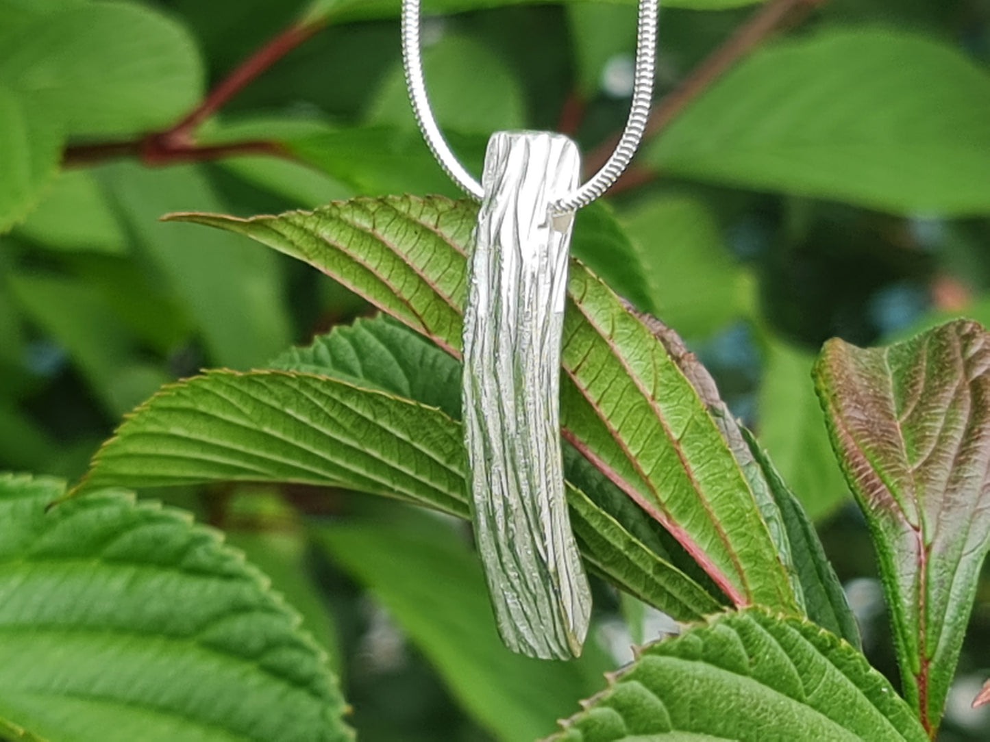 Chunky, curved Quarry Wood tree bark pendant on a snake chain in front of a bush by Kara Jewellery by Charlotte