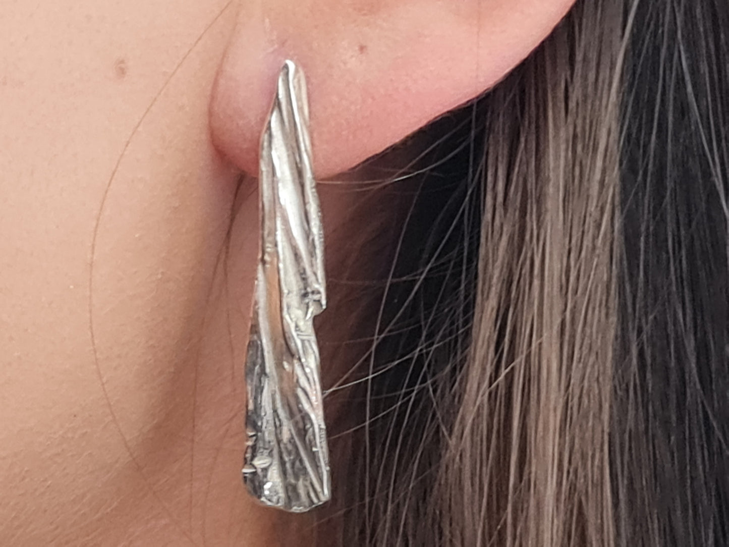 Close up of the detail of the silver Quarry Wood Broken Bark stud earrings by Kara Jewellery by Charlotte