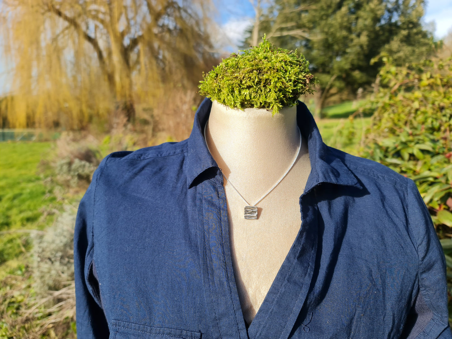 small square sterling silver treebark textured pendant by kara jewellery by Charlotte 